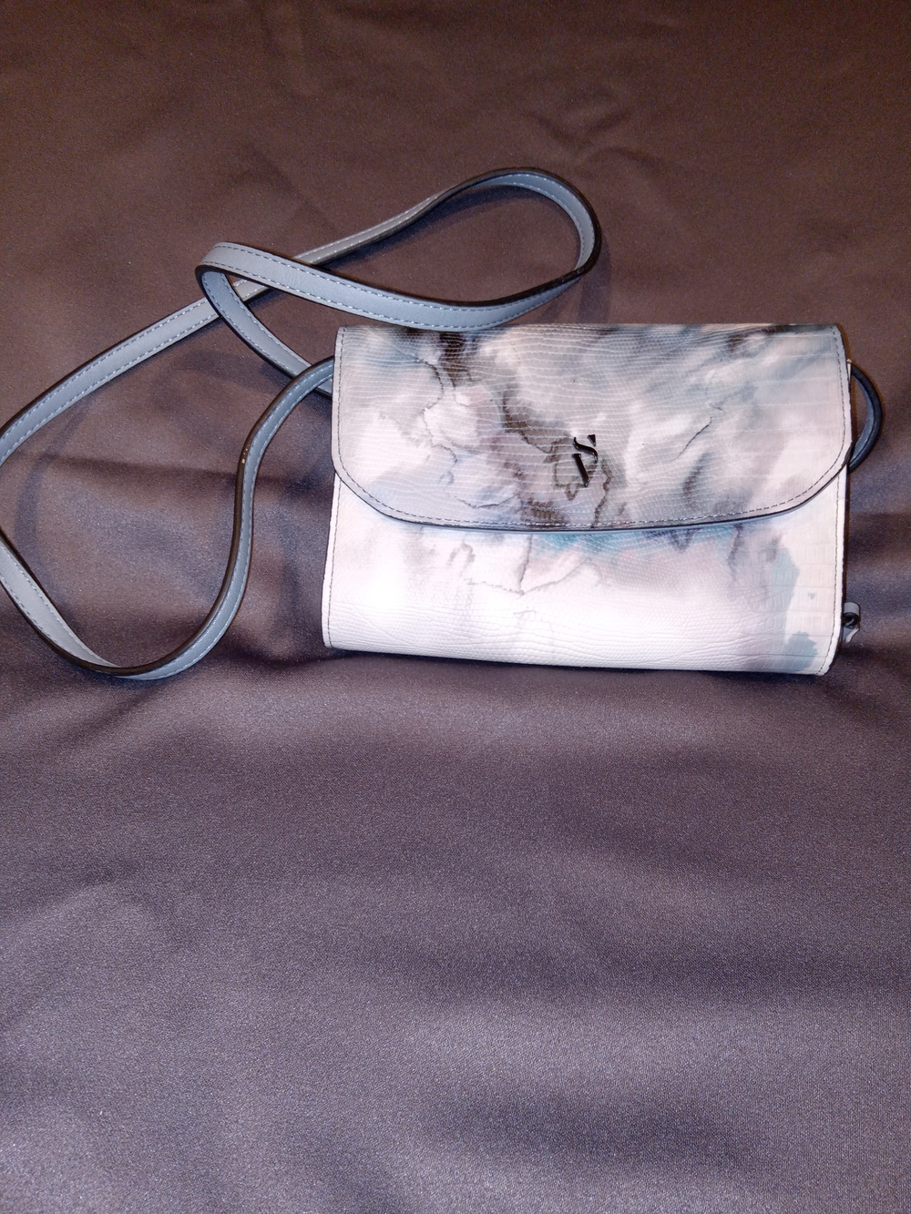 Marble-Print Leather Crossbody Bag - Light Blue and Gray